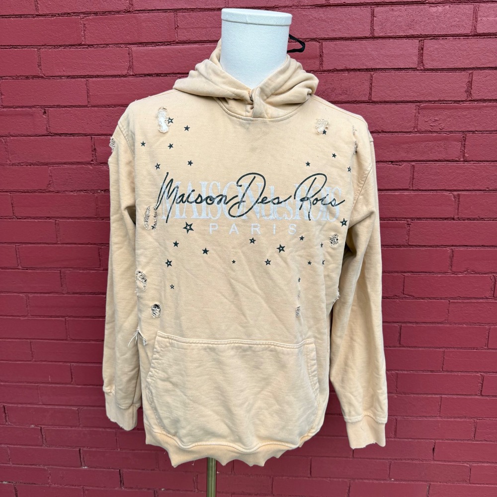 Hudson Outerwear Maison Des Rois Paris‎ Distressed Hoodie Mens XL Beige